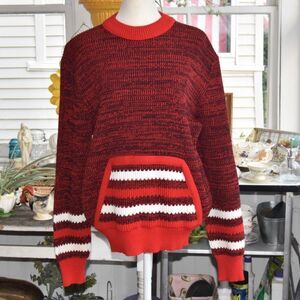 Vintage 80s Kingsport Mens M Sweater Red Black Striped Kangaroo Pocket Hungary